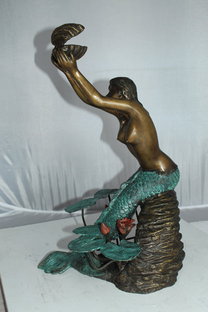 Mermaid holding a Shell Fountain Bronze Statue Art Nude -  Size: 9"L x 12"W x 20"H.