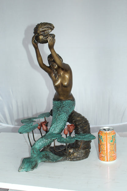 Mermaid holding a Shell Fountain Bronze Statue Art Nude -  Size: 9"L x 12"W x 20"H.