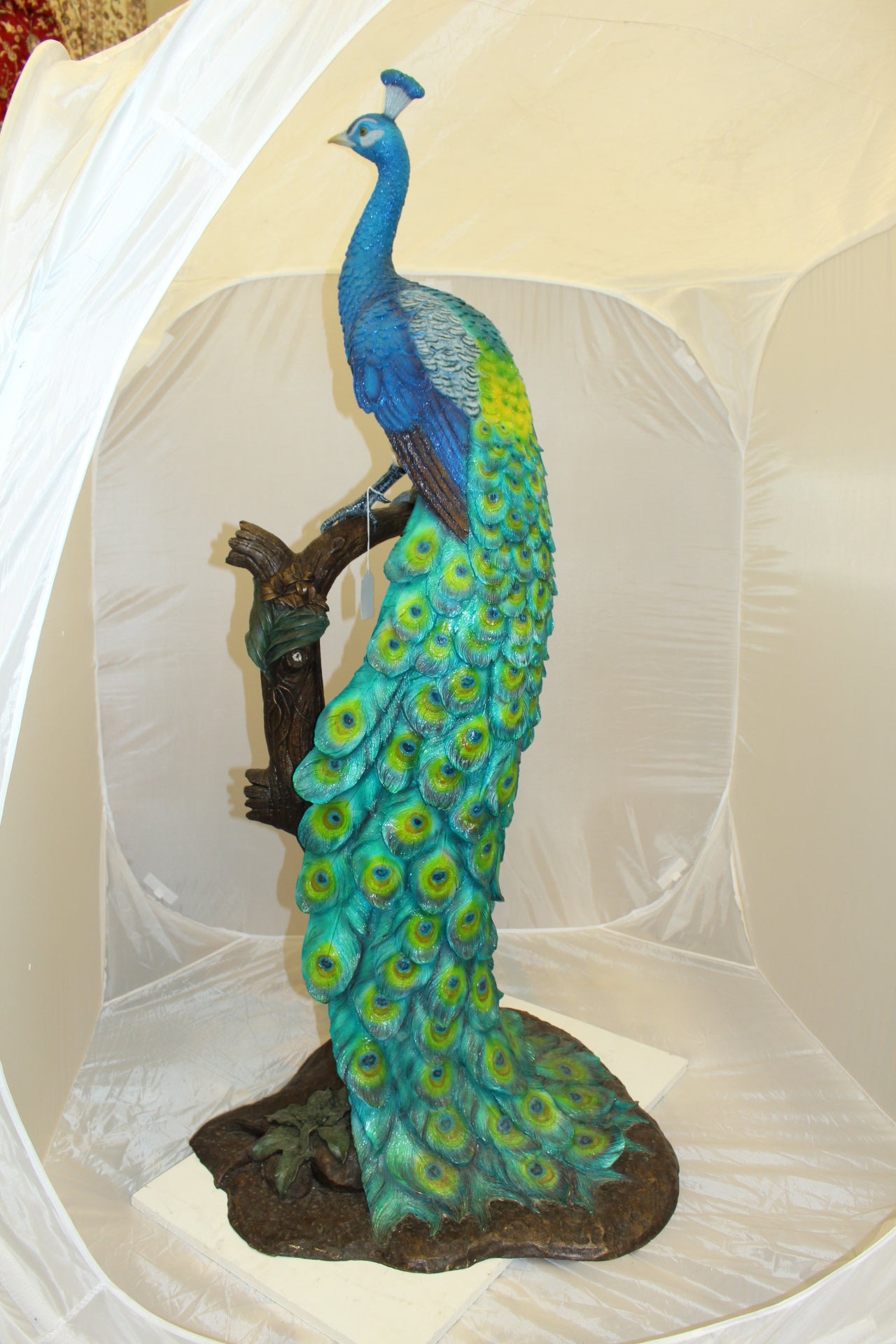 Peacock on Tree Bronze Statue -  Size: 31"L x 30"W x 64"H. 