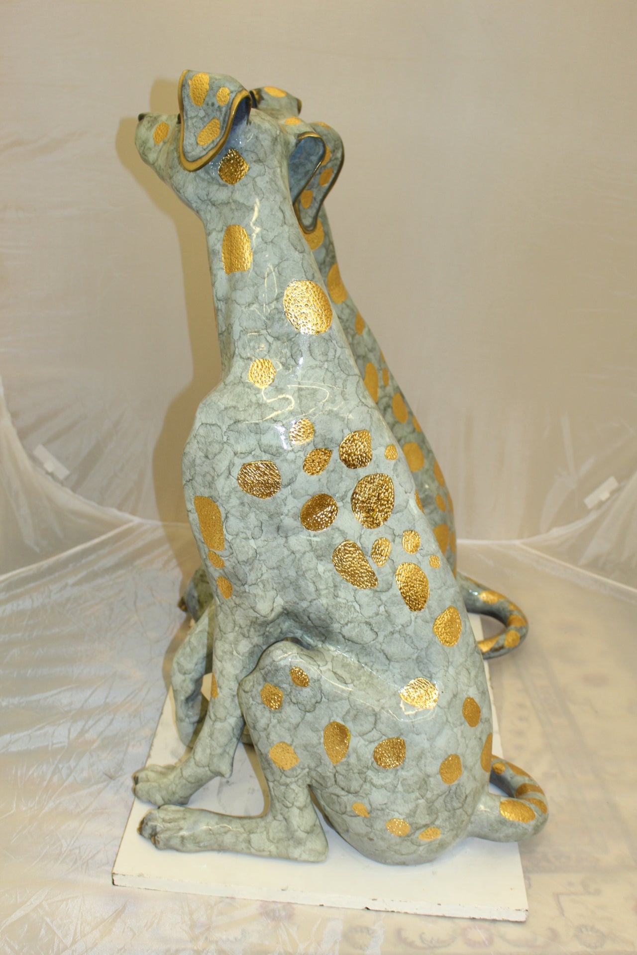 Pair of Golden Pleated Dalmatians Sitting Bronze Statue -  21"L x 16"W x 35"H. 