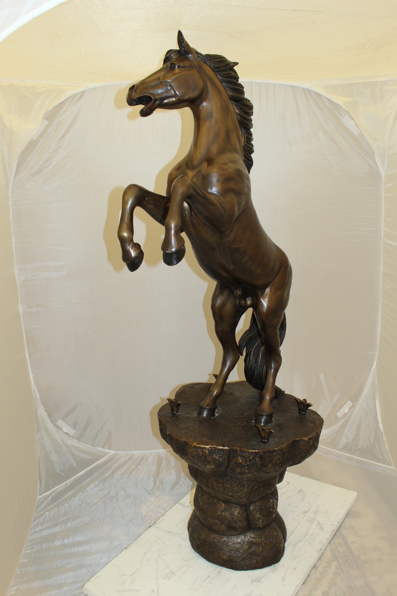 Horse on a Rock Fountain Bronze Statue -  Size: 20"L x 18"W x 56"H. 