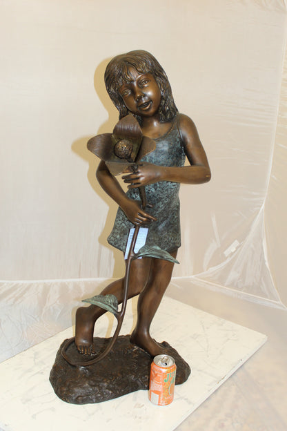 Girl Holding a Flower Fountain Bronze Statue -  Size: 15"L x 15"W x 35"H. 