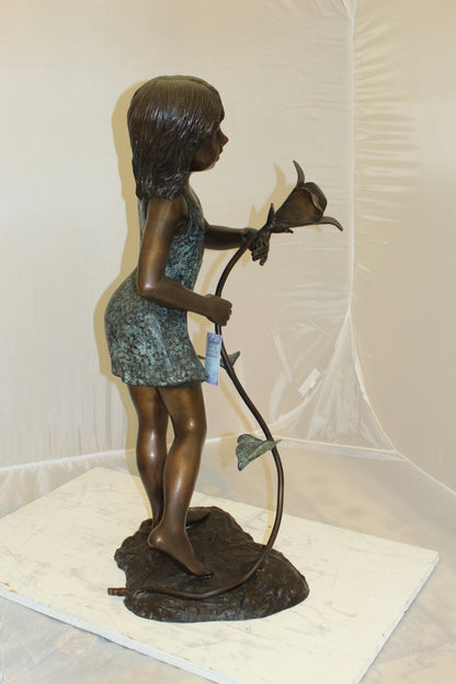 Girl Holding a Flower Fountain Bronze Statue -  Size: 15"L x 15"W x 35"H. 