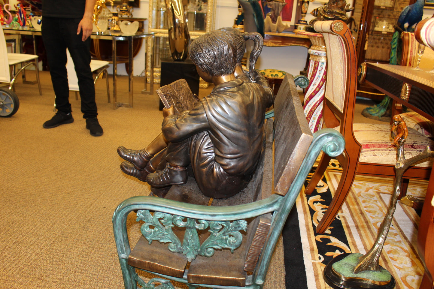 Kids Reading a Book on a Bench Bronze Statue -  Size: 23"L x 38"W x 37"H. 