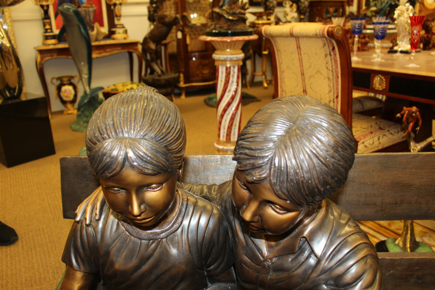 Kids Reading a Book on a Bench Bronze Statue -  Size: 23"L x 38"W x 37"H. 