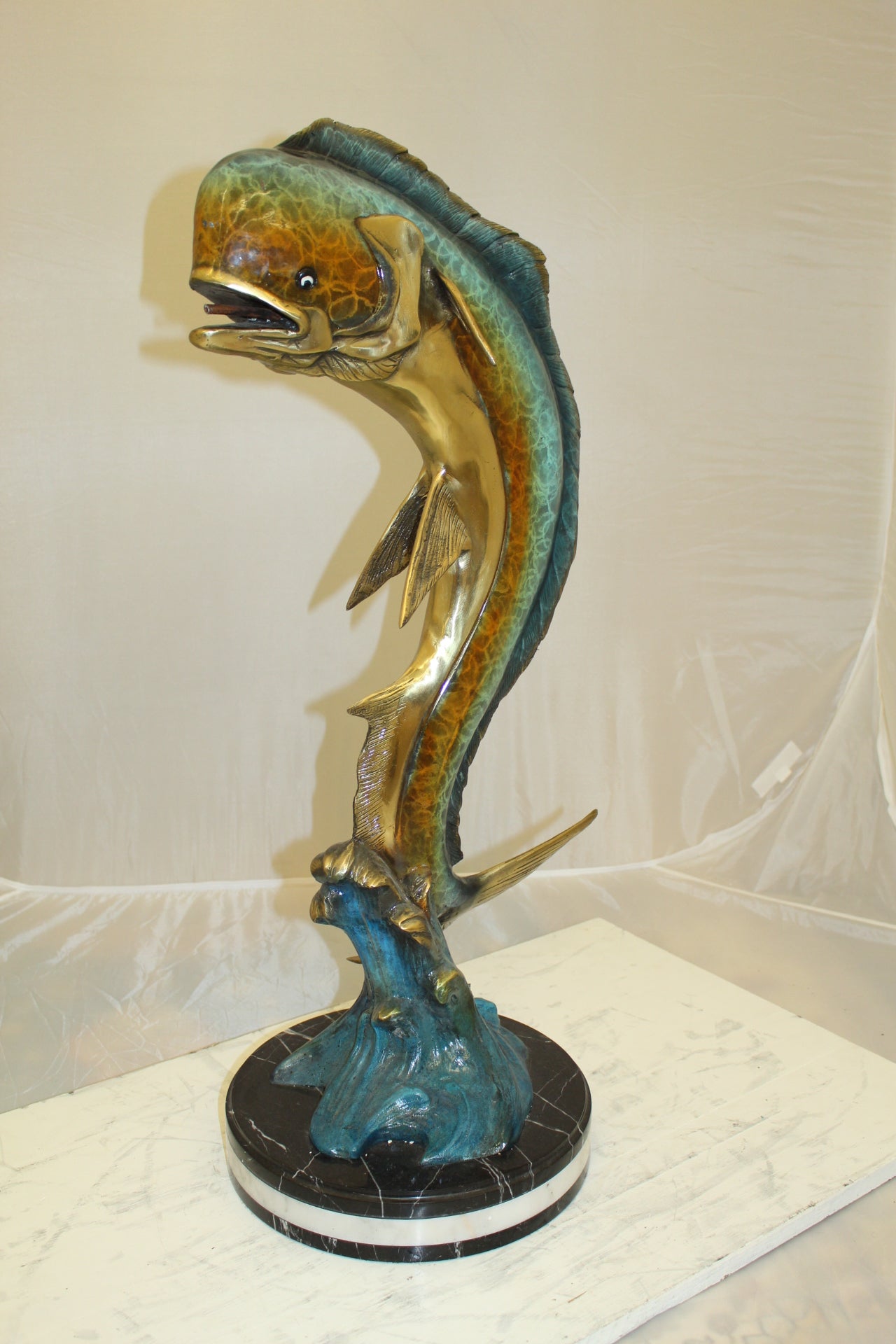 Mahi Mahi Fish Bronze Statue -  Size: 16"L x 12"W x 32"H. 
