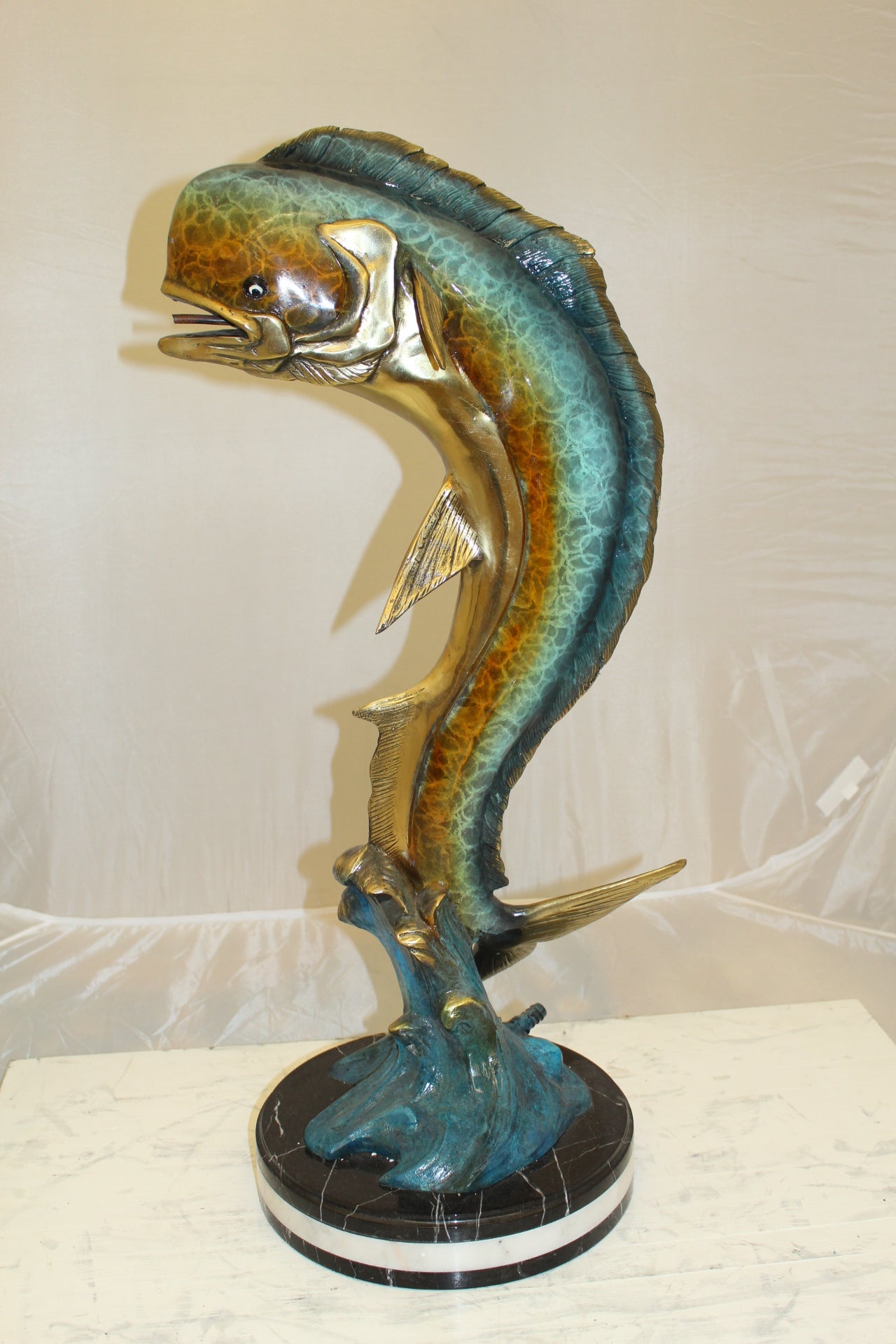 Mahi Mahi Fish Bronze Statue -  Size: 16"L x 12"W x 32"H. 