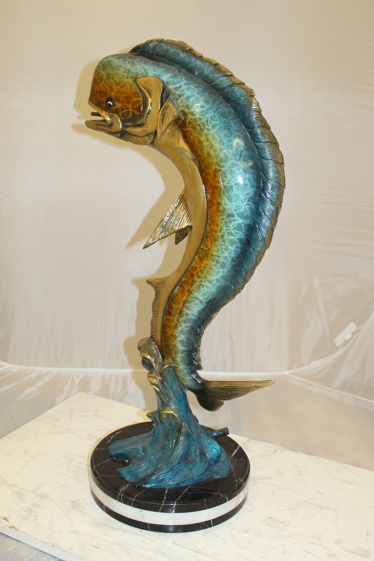 Mahi Mahi Fish Bronze Statue -  Size: 16"L x 12"W x 32"H. 
