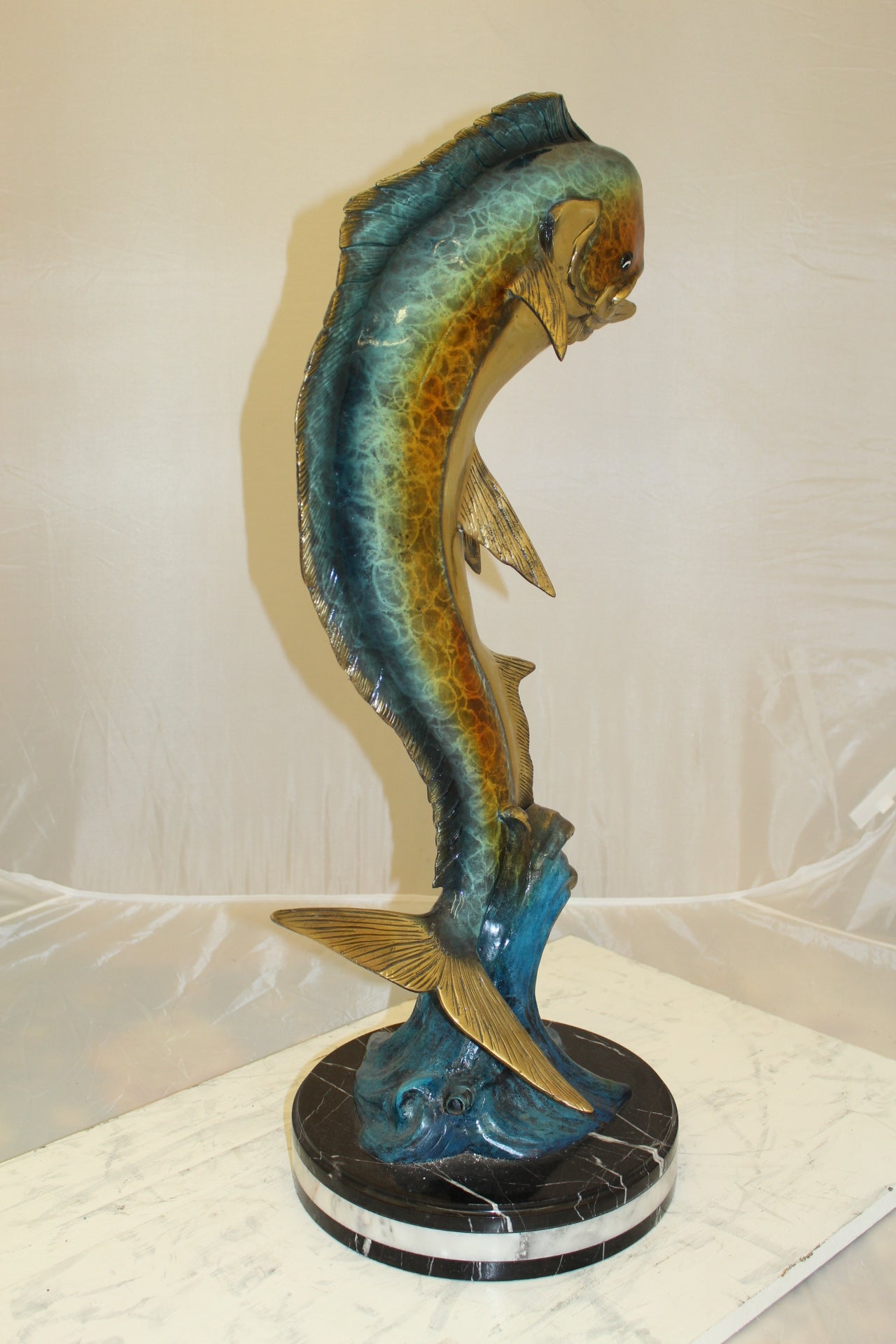 Mahi Mahi Fish Bronze Statue -  Size: 16"L x 12"W x 32"H. 