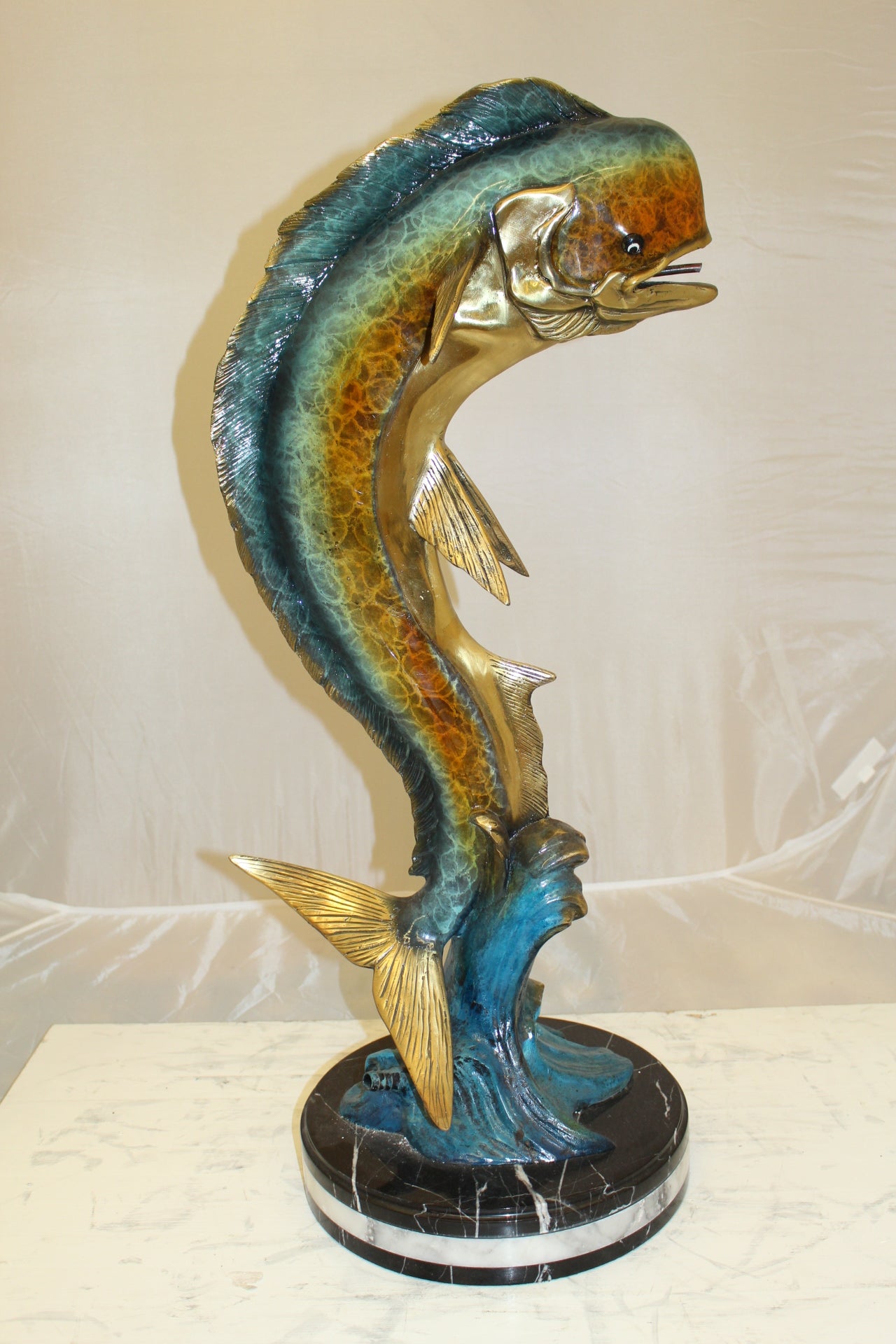 Mahi Mahi Fish Bronze Statue -  Size: 16"L x 12"W x 32"H. 