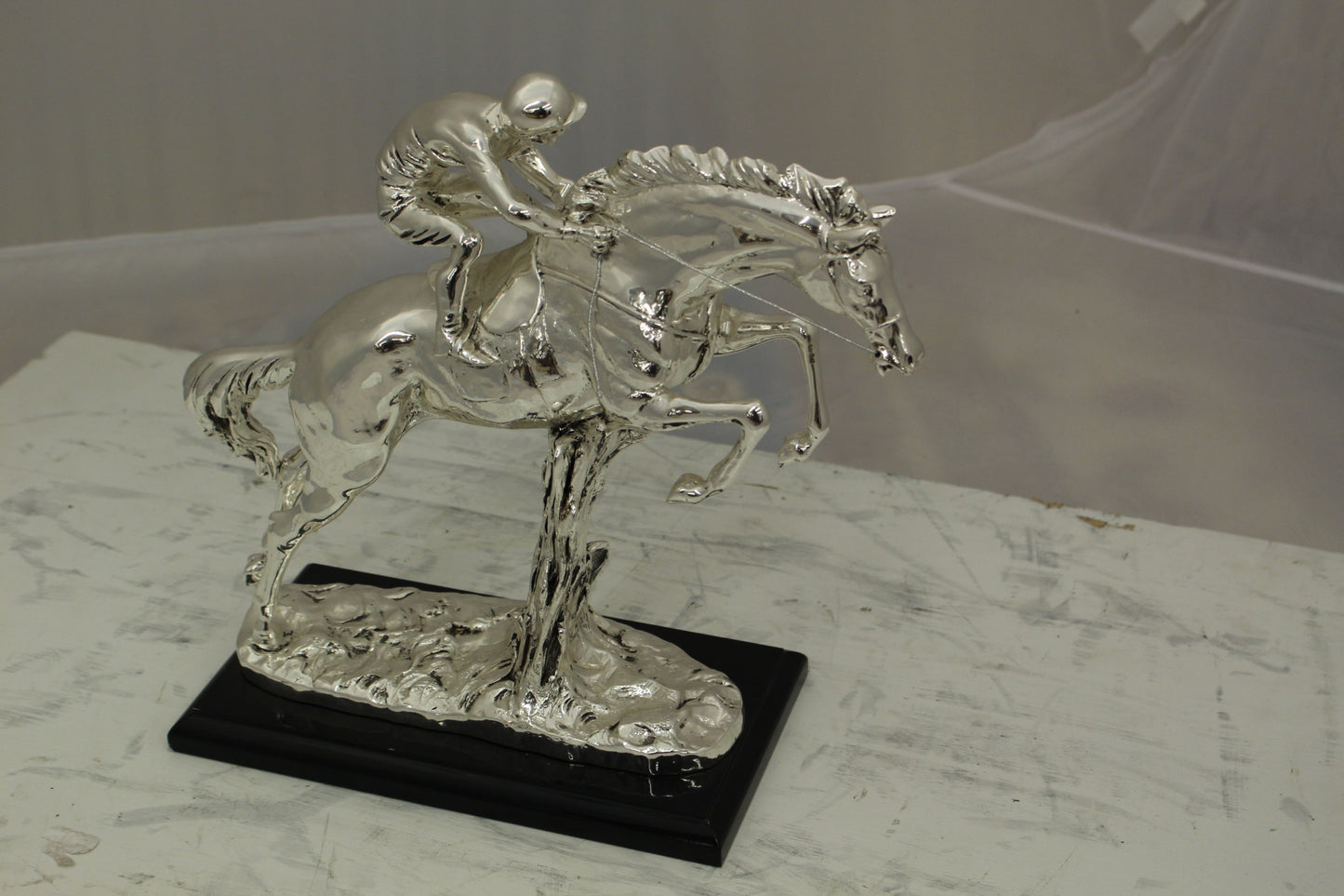 Jockey on Horse Silver Finished  - Bronze Statue -  Size: 13"L x 5"W x 12"H. 