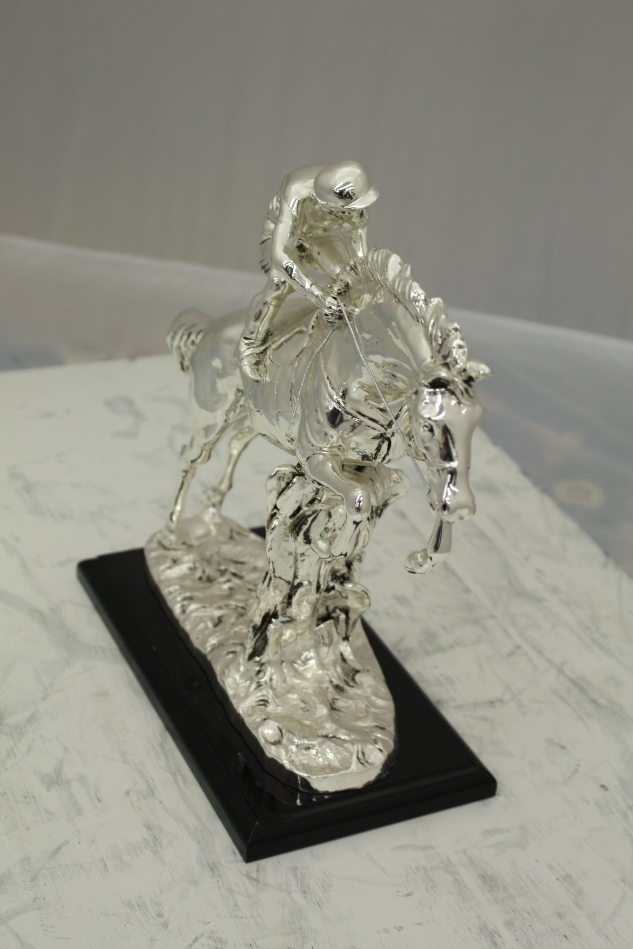 Jockey on Horse Silver Finished  - Bronze Statue -  Size: 13"L x 5"W x 12"H. 