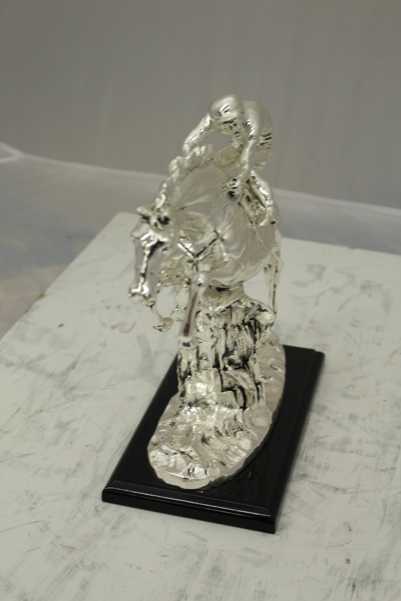 Jockey on Horse Silver Finished  - Bronze Statue -  Size: 13"L x 5"W x 12"H. 