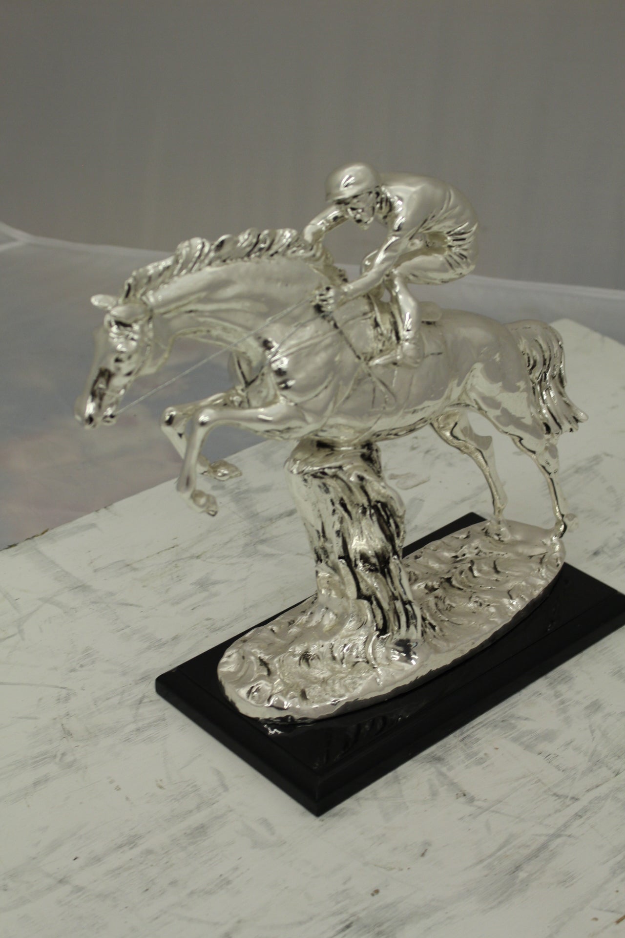 Jockey on Horse Silver Finished  - Bronze Statue -  Size: 13"L x 5"W x 12"H. 