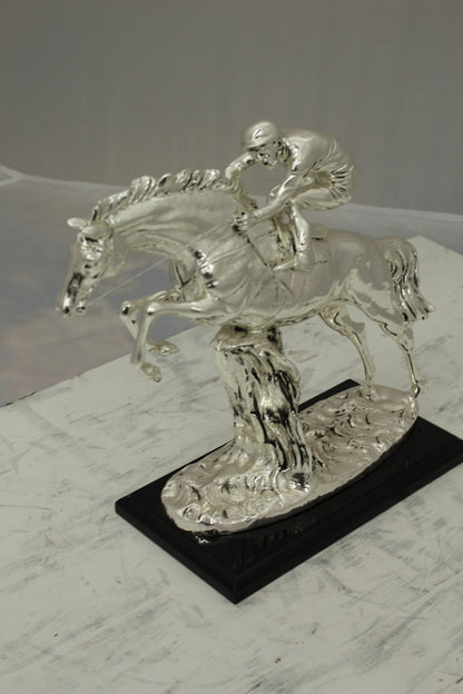 Jockey on Horse Silver Finished  - Bronze Statue -  Size: 13"L x 5"W x 12"H. 