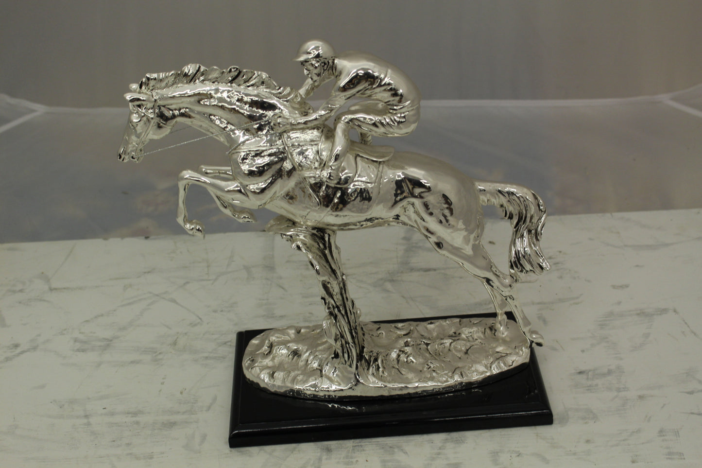 Jockey on Horse Silver Finished  - Bronze Statue -  Size: 13"L x 5"W x 12"H. 