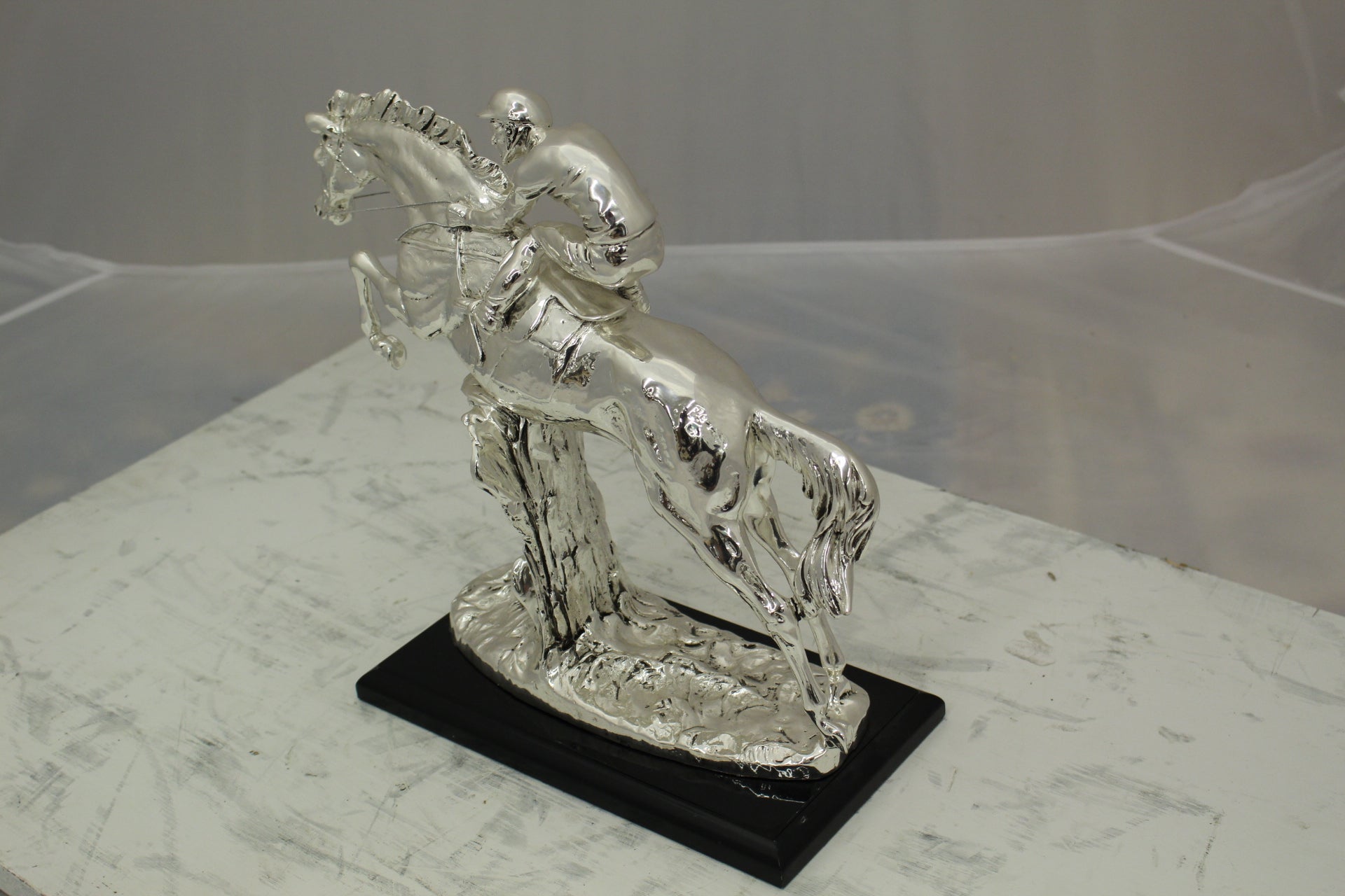 Jockey on Horse Silver Finished  - Bronze Statue -  Size: 13"L x 5"W x 12"H. 