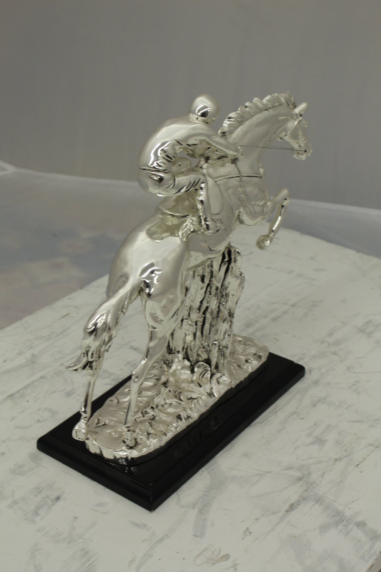 Jockey on Horse Silver Finished  - Bronze Statue -  Size: 13"L x 5"W x 12"H. 