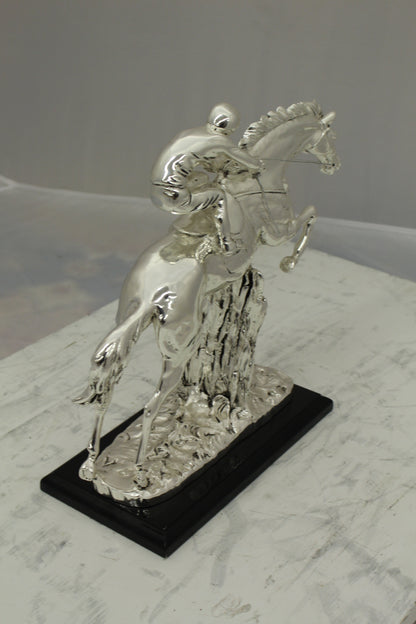Jockey on Horse Silver Finished  - Bronze Statue -  Size: 13"L x 5"W x 12"H. 