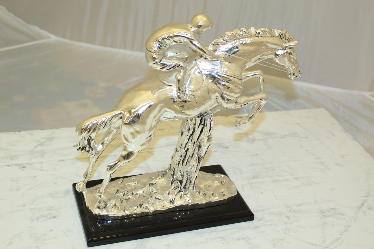 Jockey on Horse Silver Finished  - Bronze Statue -  Size: 13"L x 5"W x 12"H. 
