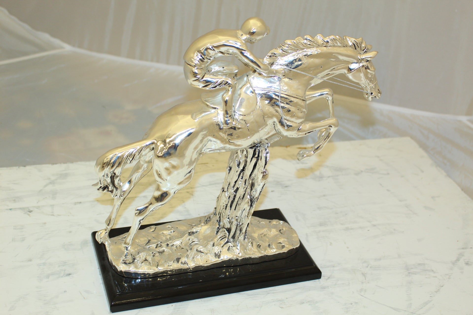 Jockey on Horse Silver Finished  - Bronze Statue -  Size: 13"L x 5"W x 12"H. 