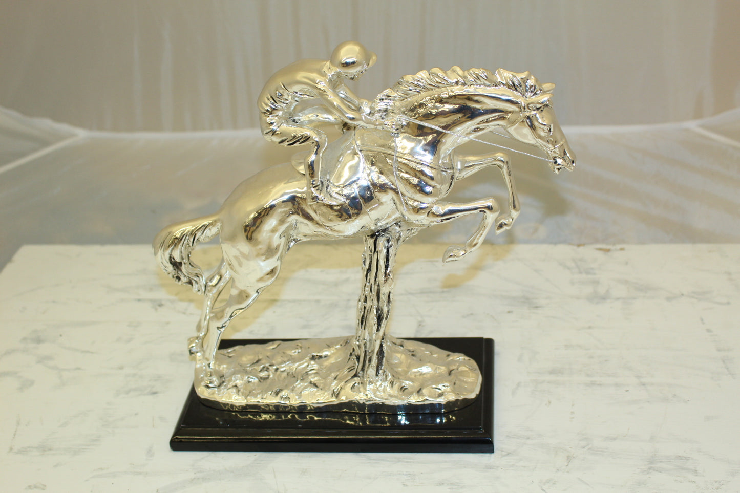 Jockey on Horse Silver Finished  - Bronze Statue -  Size: 13"L x 5"W x 12"H. 