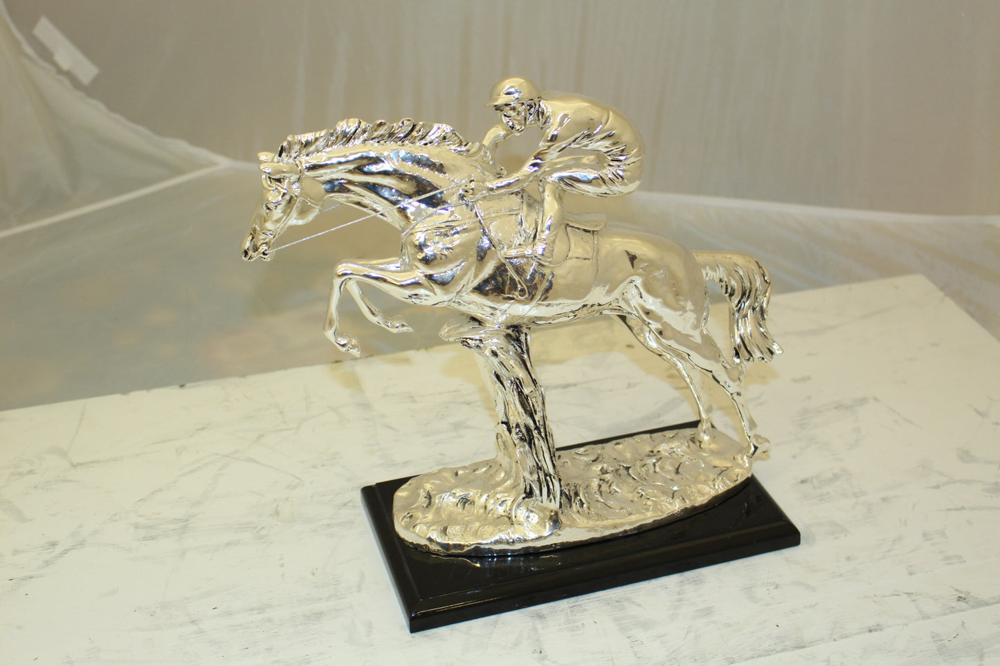 Jockey on Horse Silver Finished  - Bronze Statue -  Size: 13"L x 5"W x 12"H. 