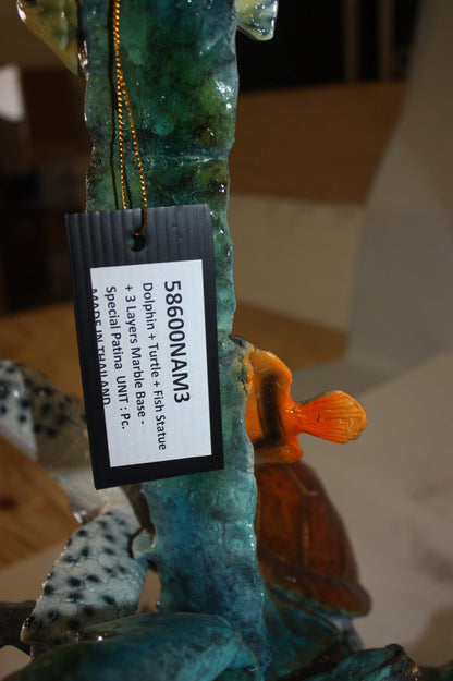 Dolphin with two fish and one turtle Statue -  Size: 22"L x 12"W x 32"H. 