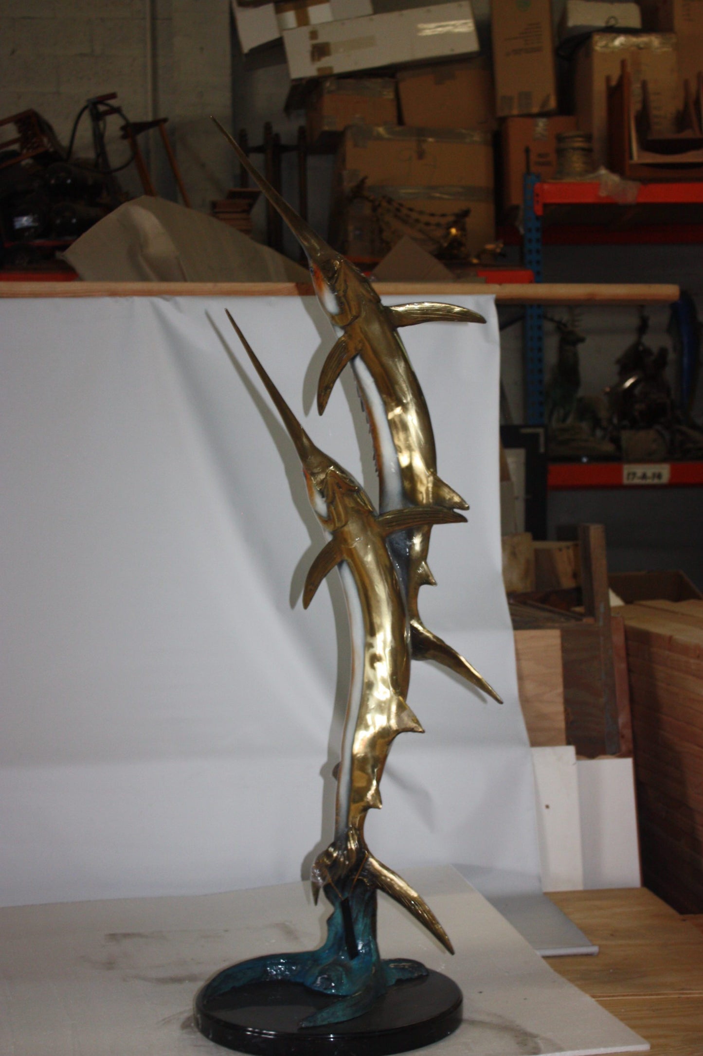 Two Sail fish Bronze Statue on a marble base -  Size: 17"L x 17"W x 56"H. 