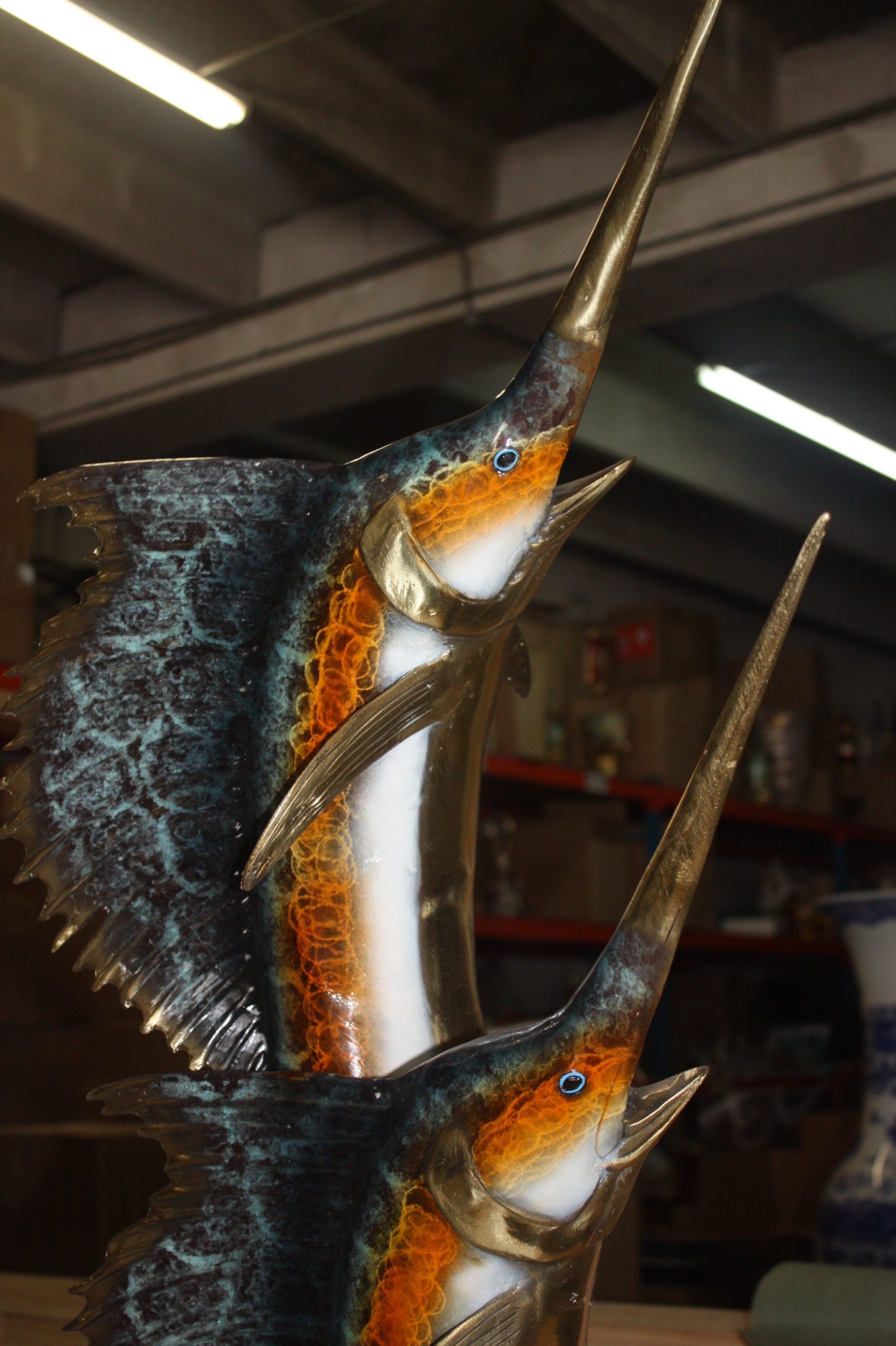 Two Sail fish Bronze Statue on a marble base -  Size: 17"L x 17"W x 56"H. 