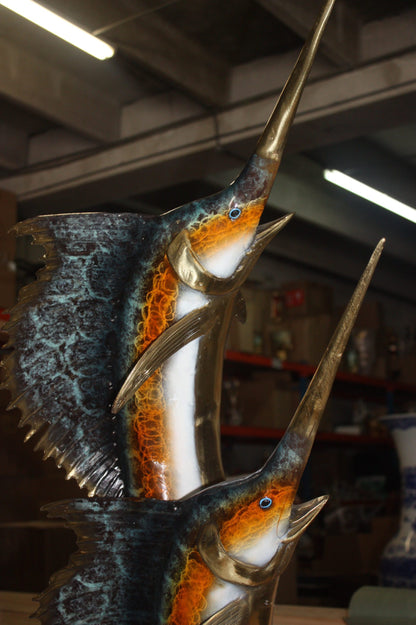 Two Sail fish Bronze Statue on a marble base -  Size: 17"L x 17"W x 56"H. 