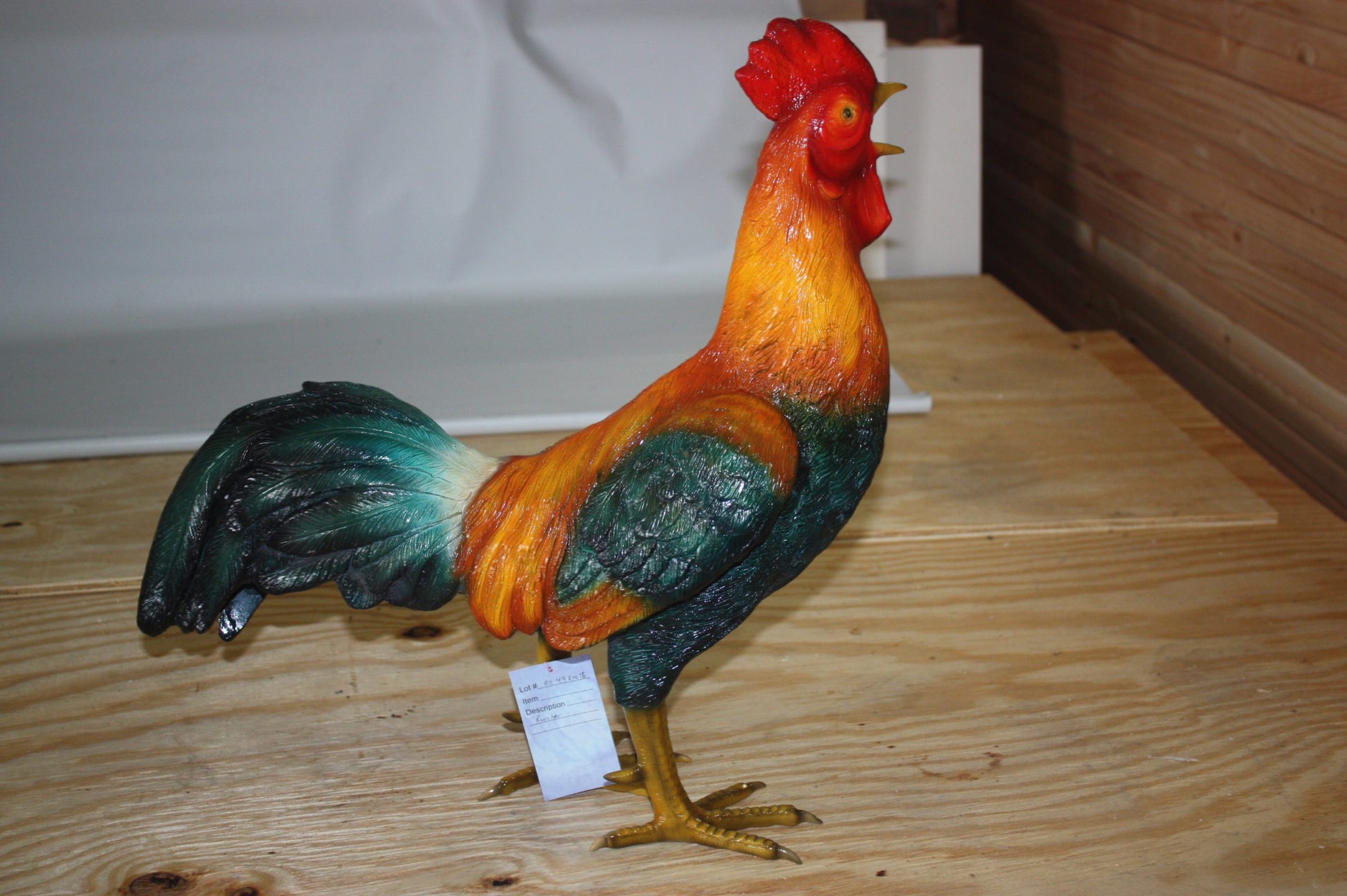 bronze statue of a standing Rooster -cockerel -  Size: 20"L x 7.5"W x 19.5"H. 