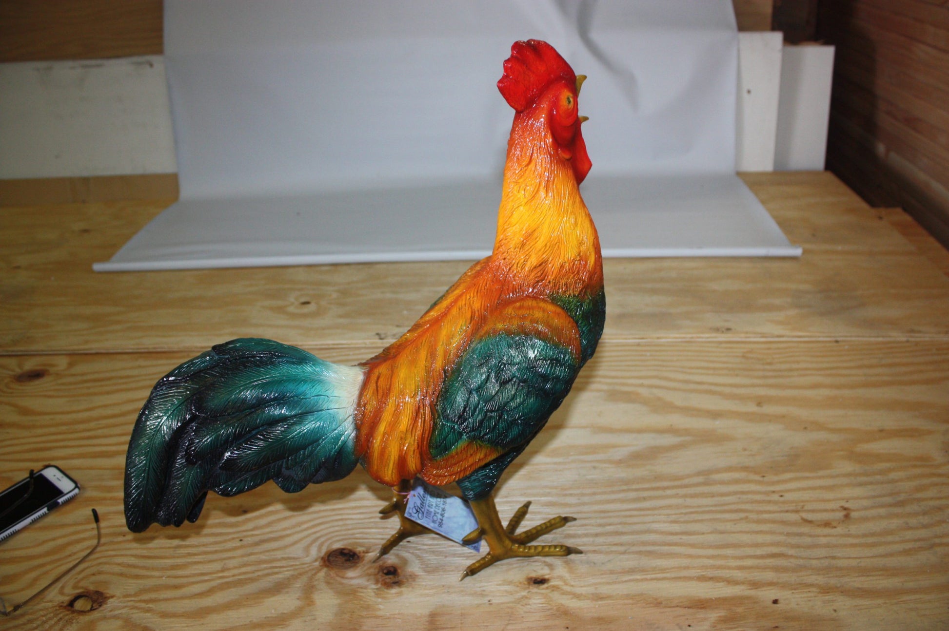 bronze statue of a standing Rooster -cockerel -  Size: 20"L x 7.5"W x 19.5"H. 