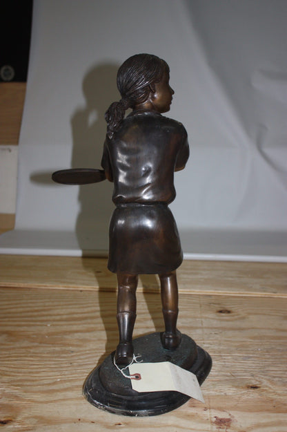 Girl Playing Tennis - Bronze Statue -  Size: 10"L x 11"W x 21"H. 