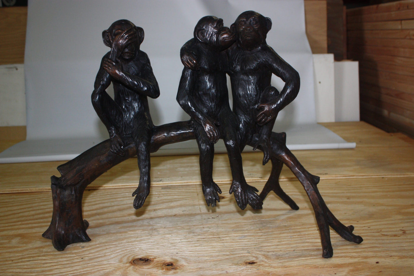Three monkeys on a tree log - Bronze Statue -  Size: 27"L x 11"W x 18"H. 