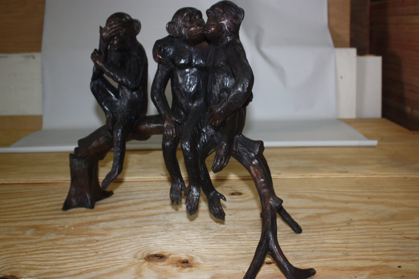 Three monkeys on a tree log - Bronze Statue -  Size: 27"L x 11"W x 18"H. 