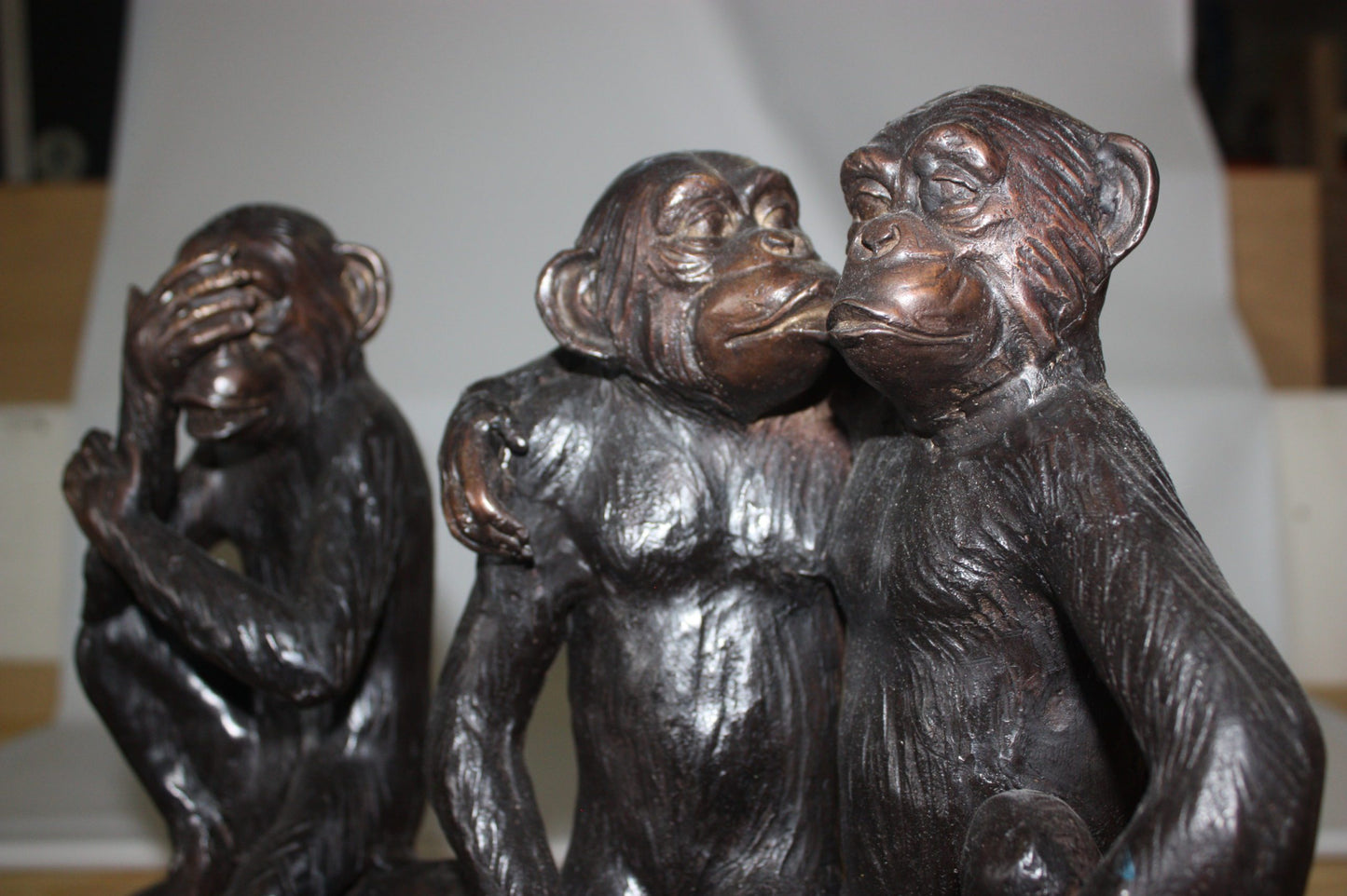 Three monkeys on a tree log - Bronze Statue -  Size: 27"L x 11"W x 18"H. 