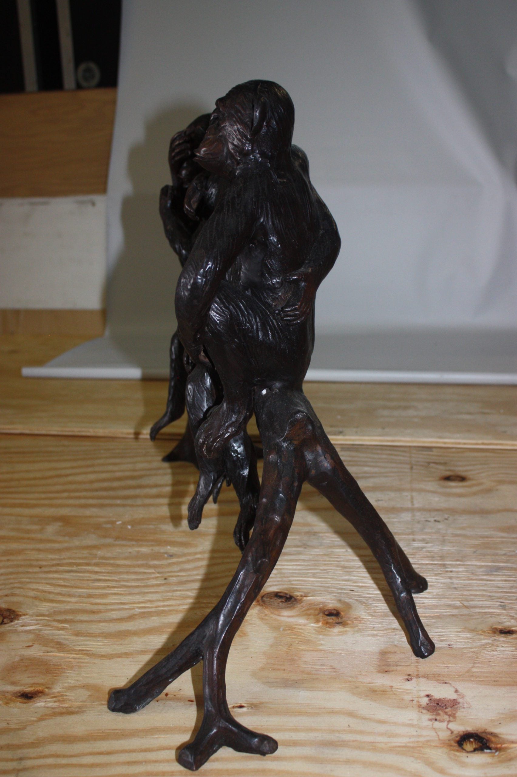 Three monkeys on a tree log - Bronze Statue -  Size: 27"L x 11"W x 18"H. 