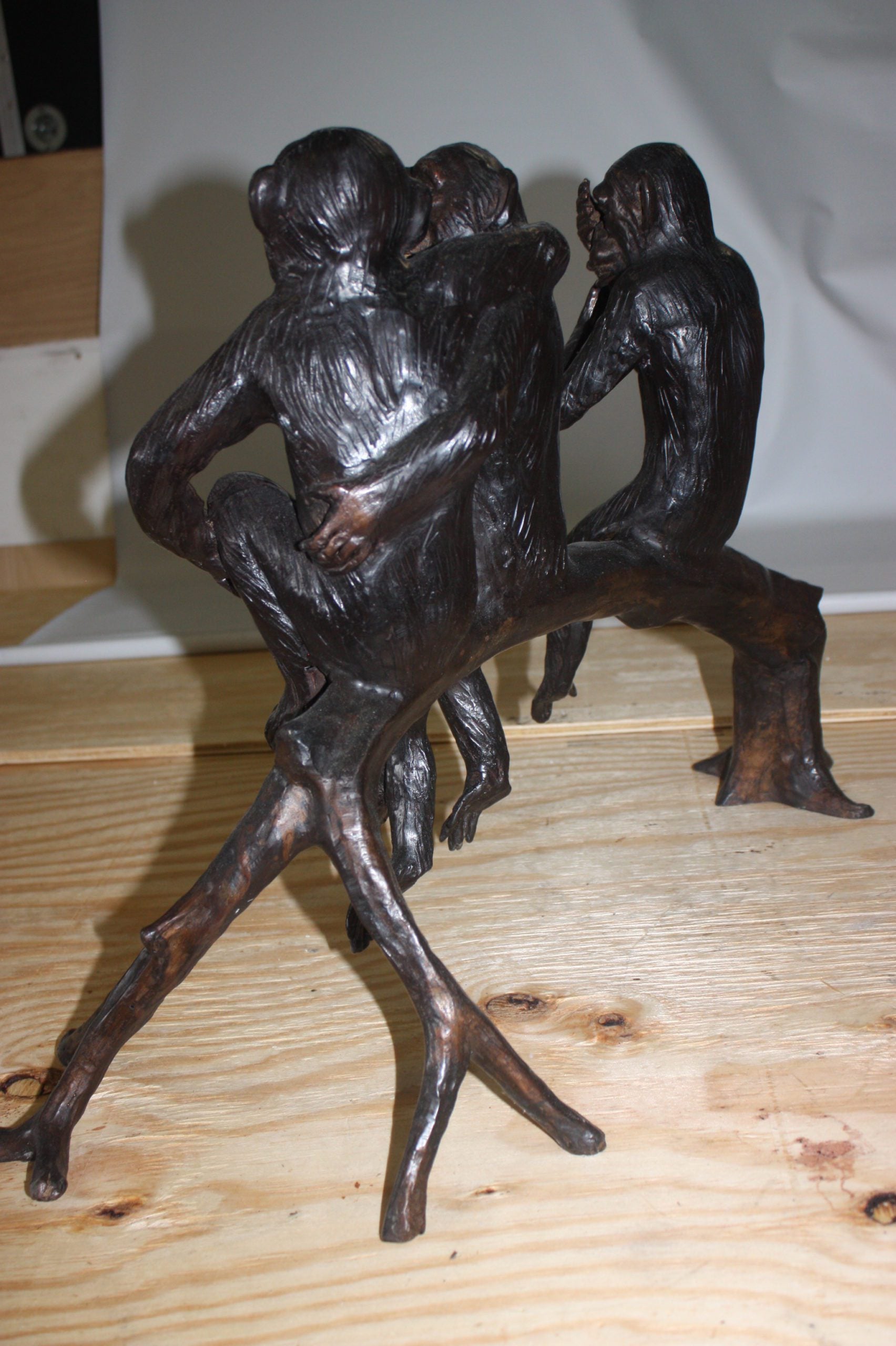 Three monkeys on a tree log - Bronze Statue -  Size: 27"L x 11"W x 18"H. 