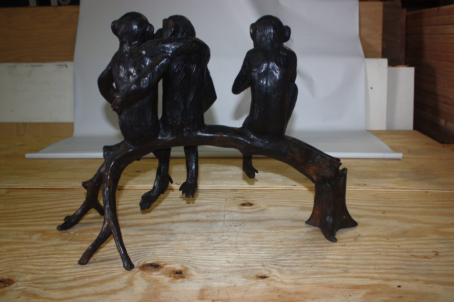 Three monkeys on a tree log - Bronze Statue -  Size: 27"L x 11"W x 18"H. 