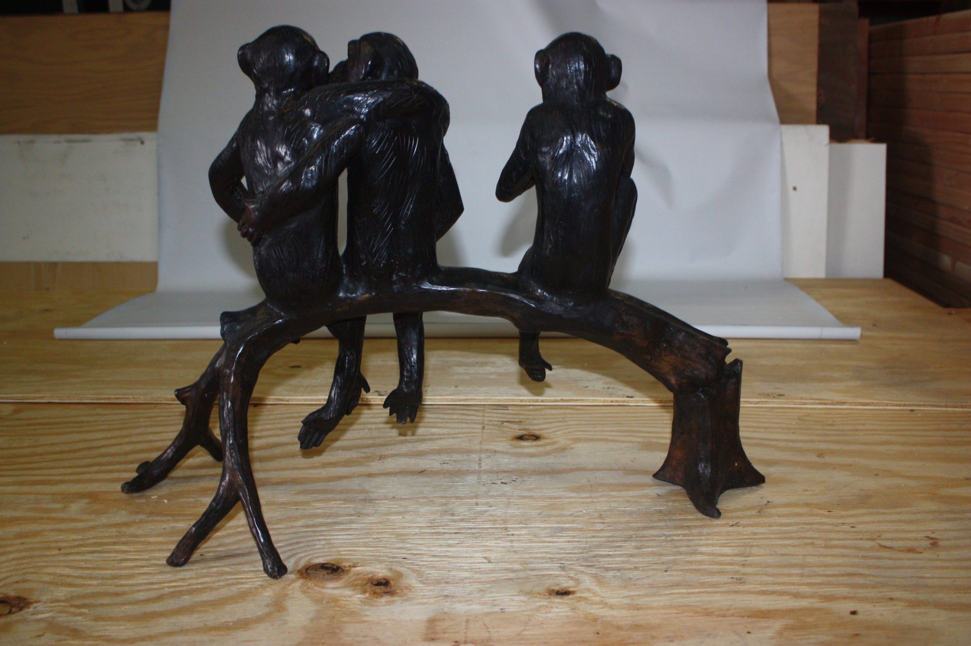 Three monkeys on a tree log - Bronze Statue -  Size: 27"L x 11"W x 18"H. 
