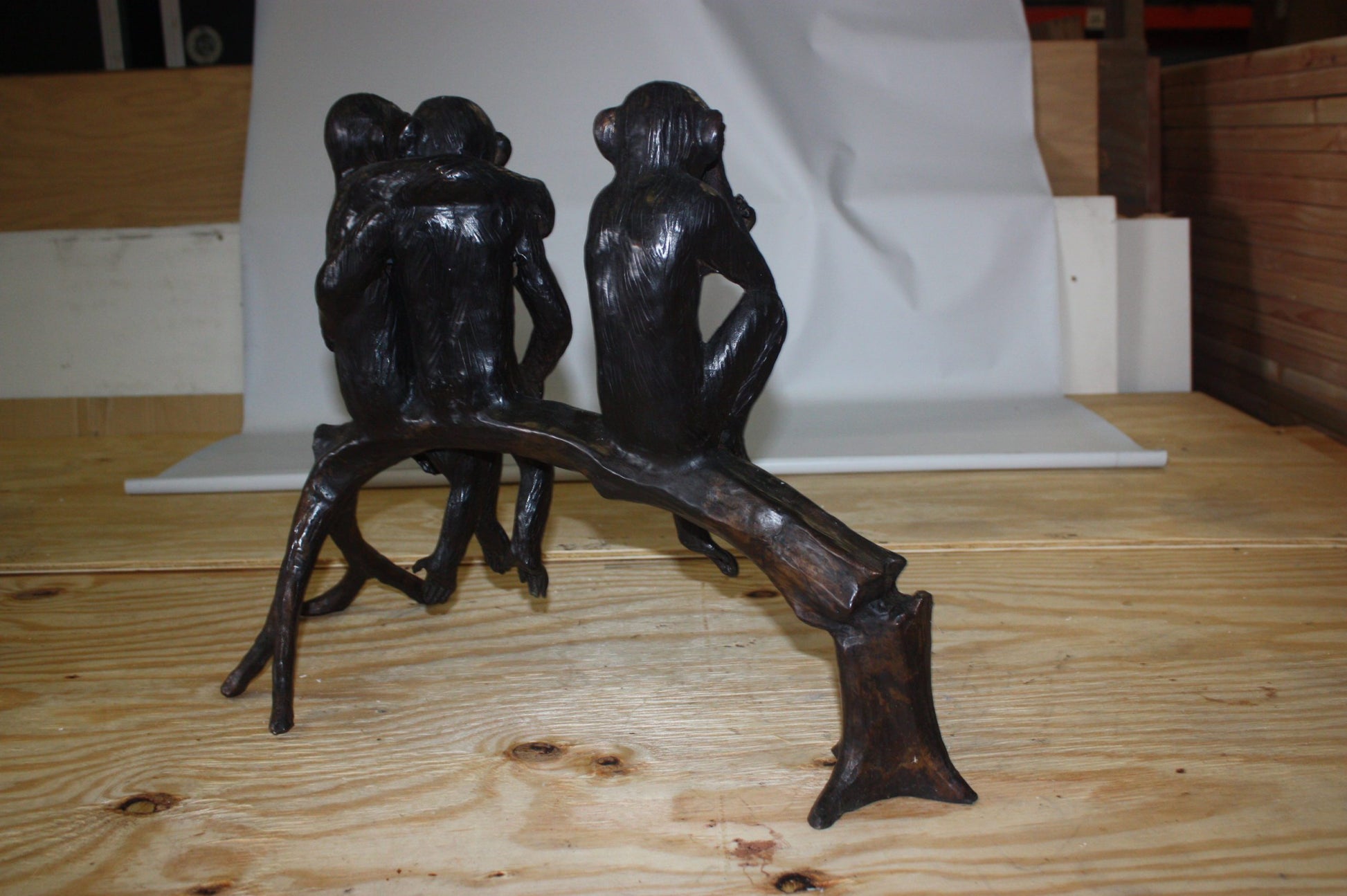 Three monkeys on a tree log - Bronze Statue -  Size: 27"L x 11"W x 18"H. 