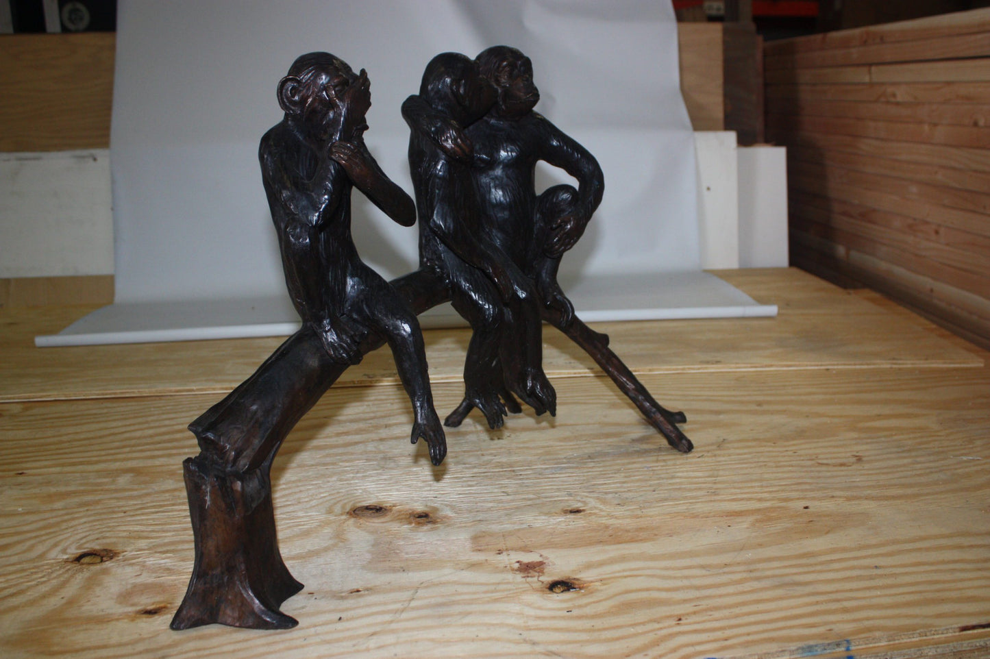 Three monkeys on a tree log - Bronze Statue -  Size: 27"L x 11"W x 18"H. 