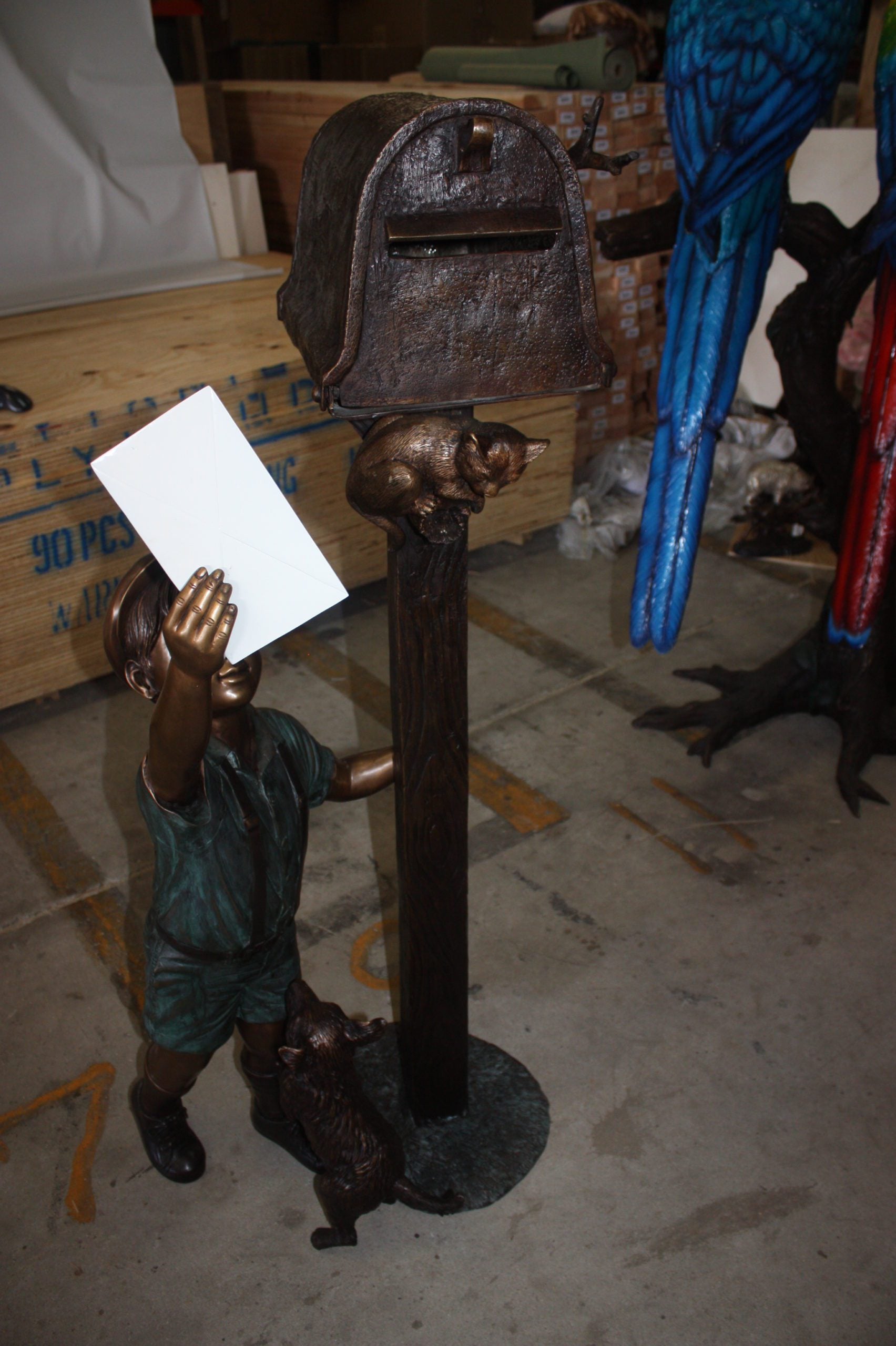 Standing mailbox W boy dog and cat - Bronze Statue -  Size: 22"L x 18"W x 50"H. 