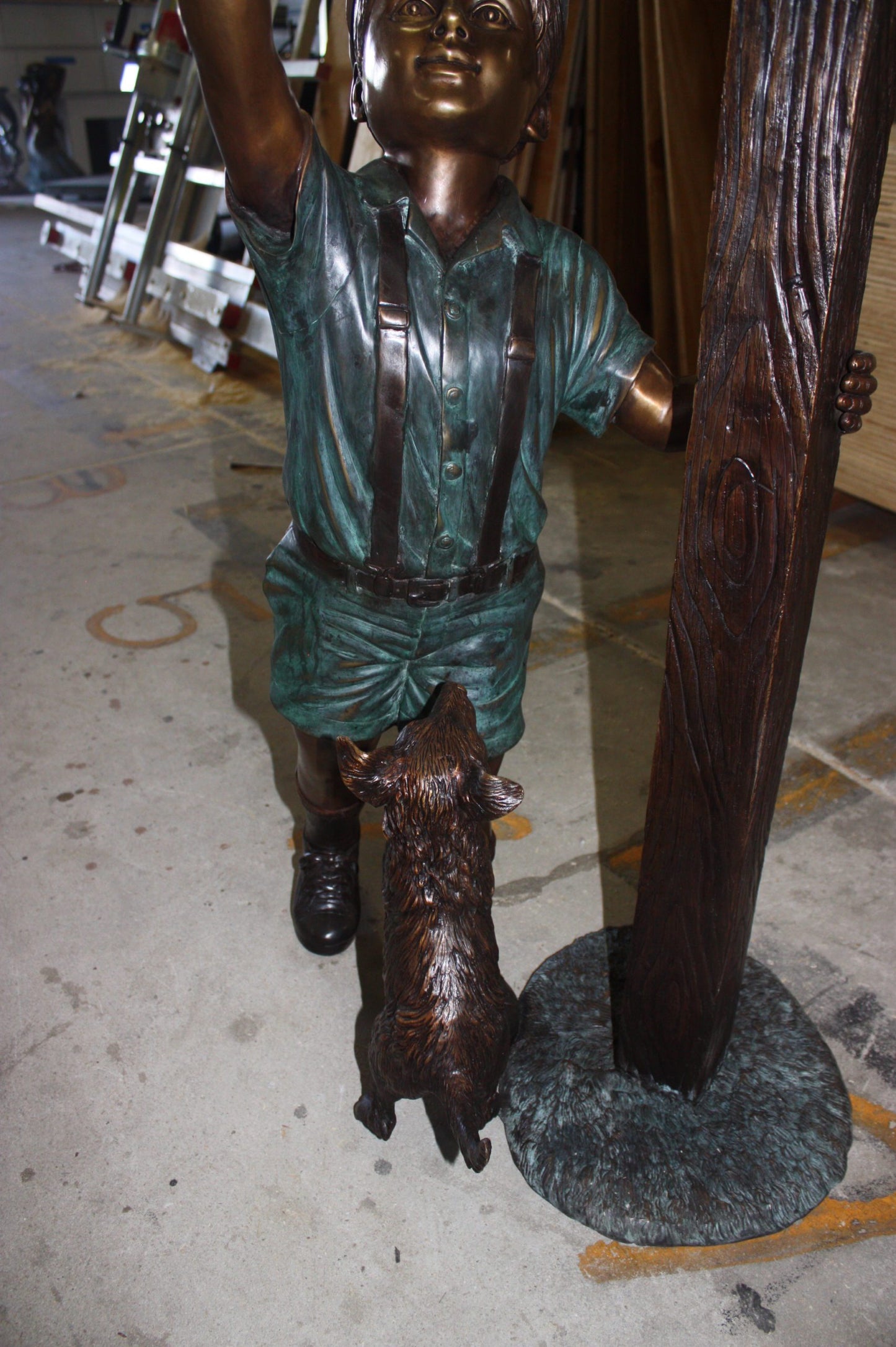 Standing mailbox W boy dog and cat - Bronze Statue -  Size: 22"L x 18"W x 50"H. 