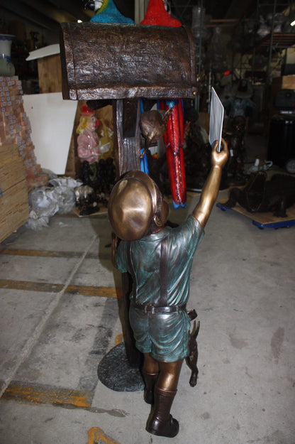 Standing mailbox W boy dog and cat - Bronze Statue -  Size: 22"L x 18"W x 50"H. 