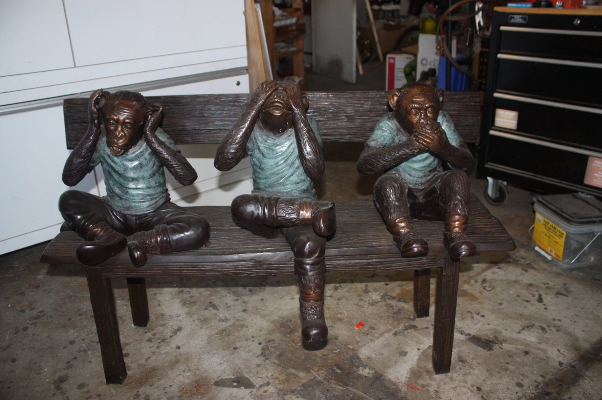 Three Wise Monkeys on Bench Bronze Statue -  Size: 45"L x 19"W x 30"H. 
