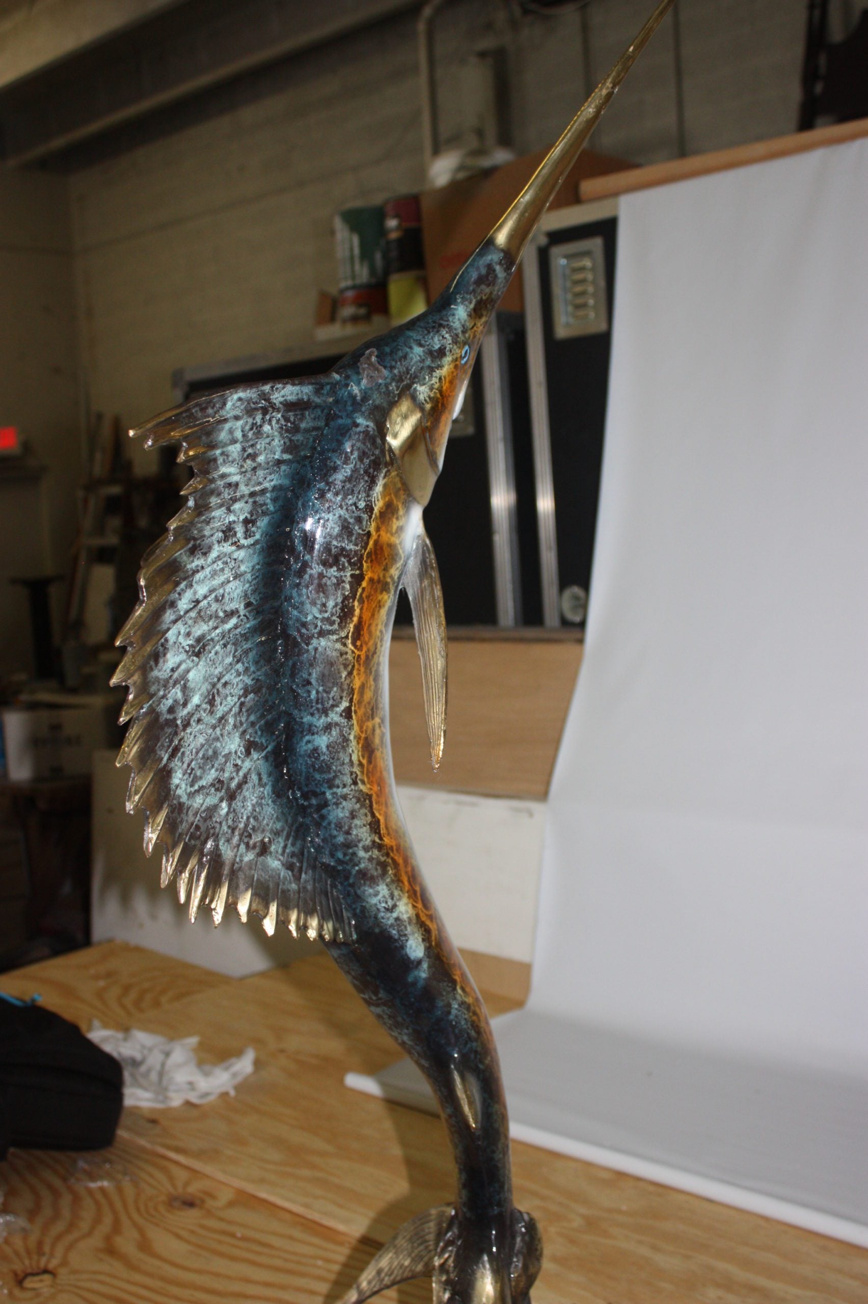 One sailfish on a marble - Bronze Statue -  Size: 17"L x 17"W x 46"H. 