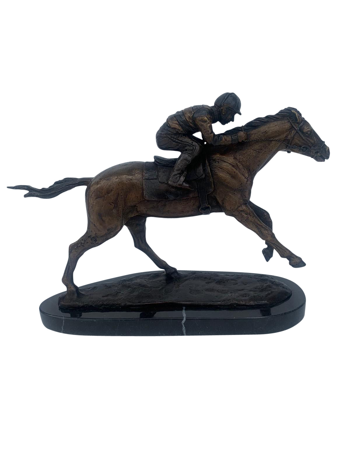 Jockey on horse two tones Bronze Statue -  Size: 11"L x 4"W x 8"H.