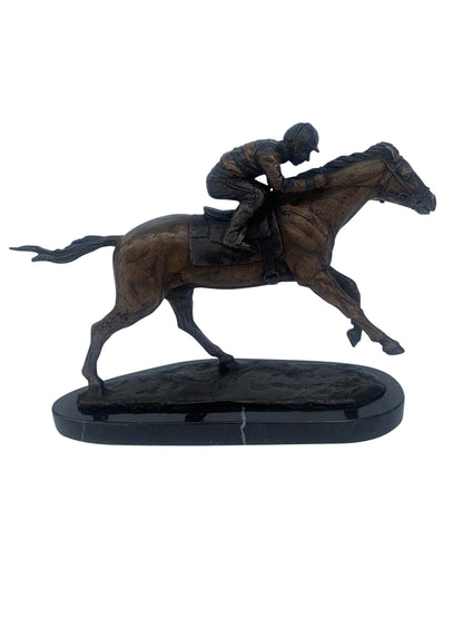 Jockey on horse two tones Bronze Statue -  Size: 11"L x 4"W x 8"H.